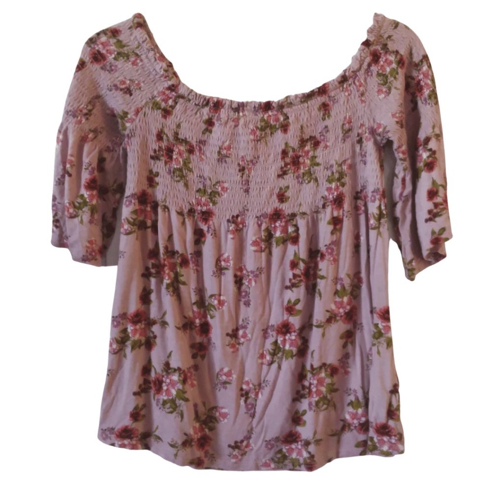 Rewind smocked off the shoulder pink floral top M